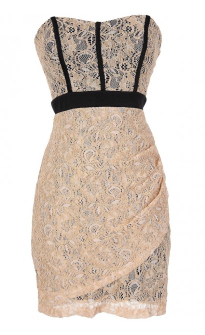 Strapless Lace Dress with Fabric Piping in Beige/Black